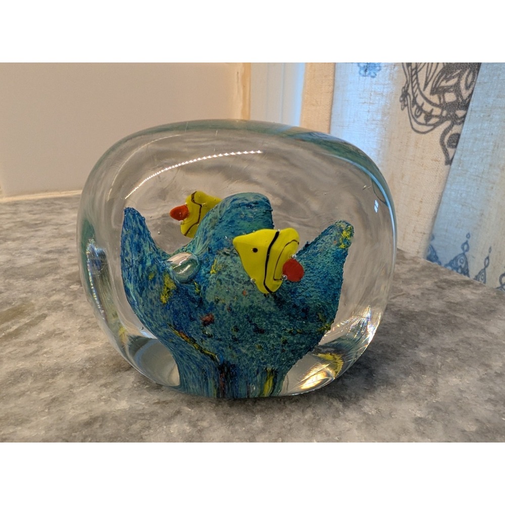 Clear Glass Fish Tank with Blue Swirls Rectangular Paperweight